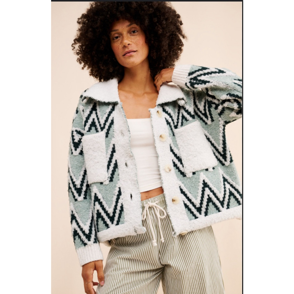 Saturday Sunday by Anthropologie Chevron Boucle Knit Cardigan Jacket Size Large
